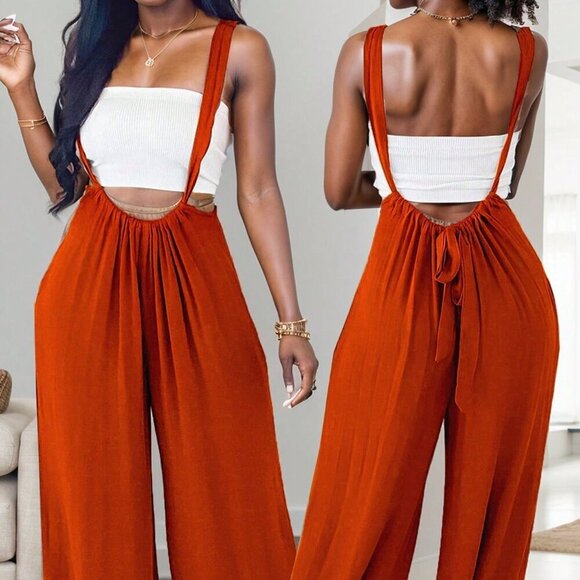 Pants - Orange Casual Women's Solid Color Sleeveless Wide Leg Jumpsuit